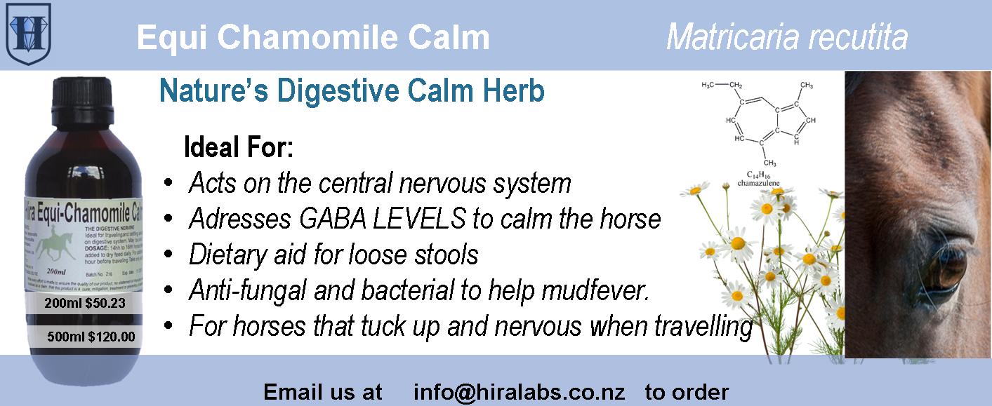 A slider shows picture of 200ml amber bottle with chamomile extract, chamomile flowers and an image of a horse. It also shows the descriptive uses of chamomile